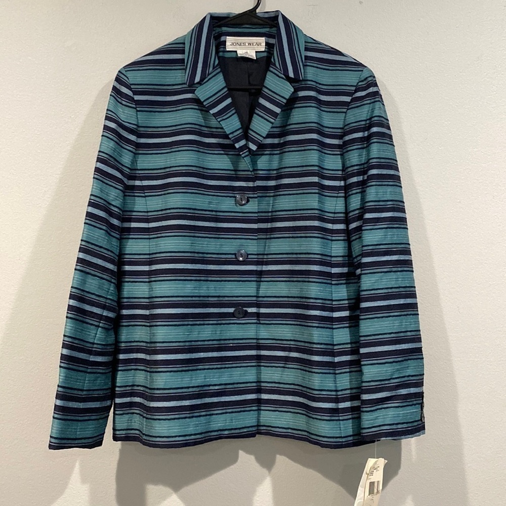 Jones Wear Turquoise and Black Striped Blazer with Shoulderpads - Size 14